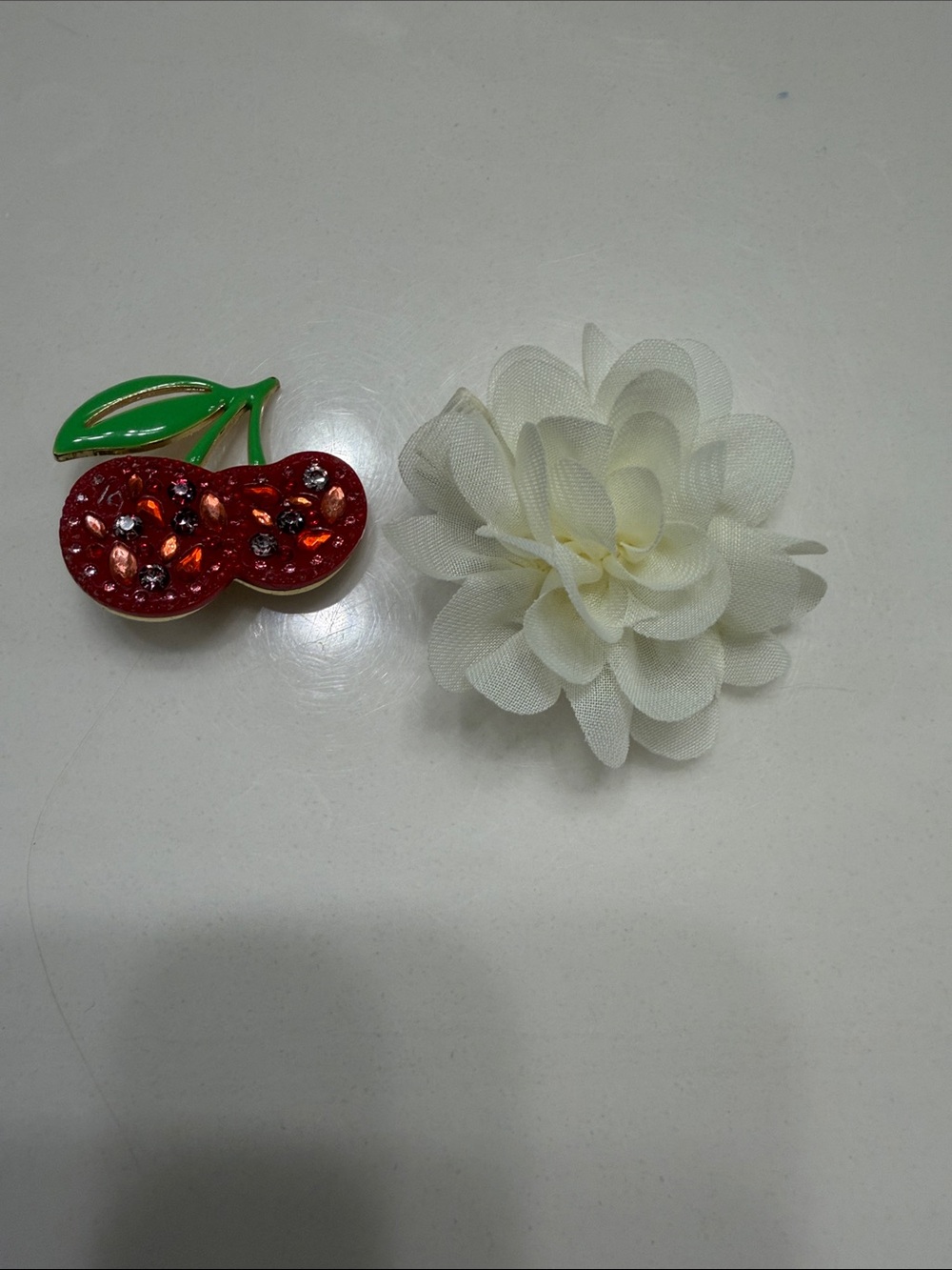 Red Cherry Crystal Hair Clip and White Fabric Flower clip